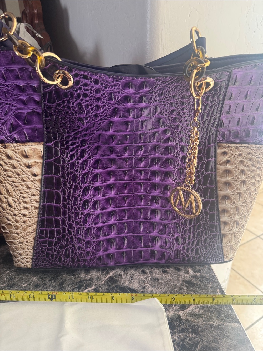 Michael Kors Purple Croc-Embossed Tote with Beige Panels and Gold Hardware